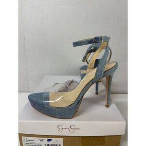 Jessica Simpson Women's JS Camisha Stiletto Heels Clear/Denim Ankle Strap Sz 8M